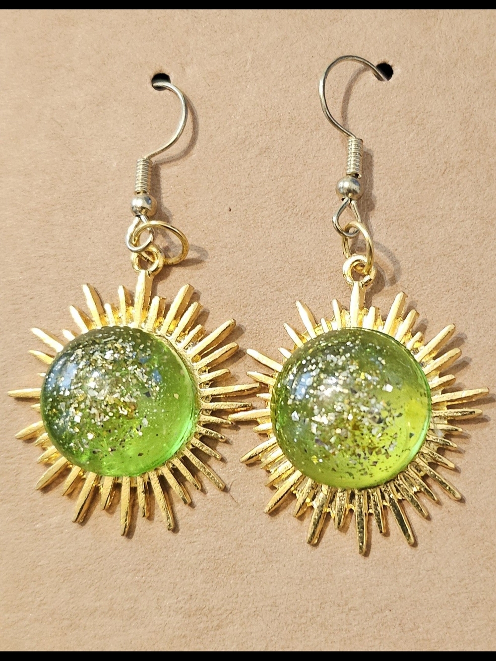 Gold Sunburst Earrings with Lime Green Resin Cabochons